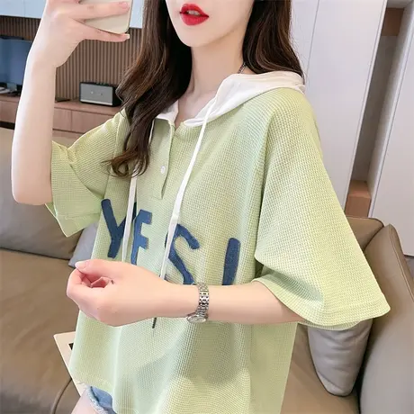 设计感小众连帽短袖t恤女夏季韩版宽松大码欧货撞色华夫格上衣服图片