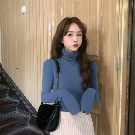 洋气内搭高领白色长袖t恤百搭黑色打底衫春秋冬季加绒上衣女装ins图片