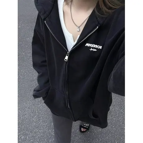 美式复古连帽开衫卫衣女春秋薄款潮牌宽松慵懒风拉链上衣外套大码商品大图