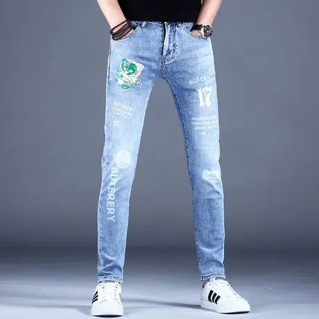 男士浅色刺绣牛仔裤男秋季男款2023新款修身小脚高端潮牌休闲裤子商品大图