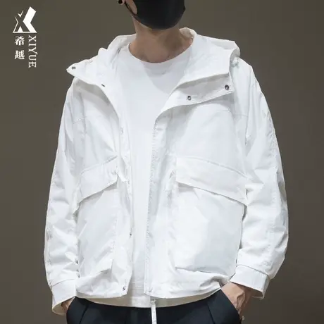 希越机能风工装夹克男多口袋连帽外套春秋宽松大码白色男生衣服潮图片
