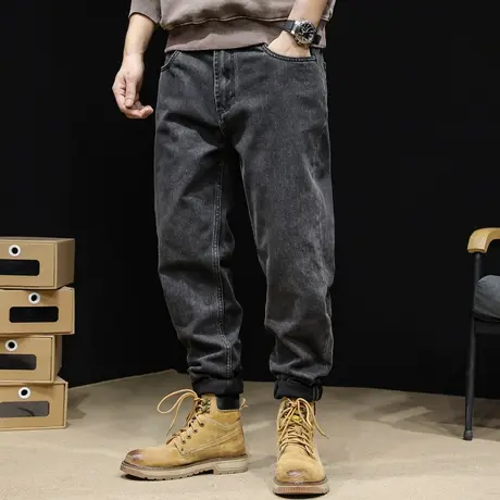 高端弹力黑色牛仔裤男秋冬款直筒宽松潮男士美式潮牌裤子2023新款图片