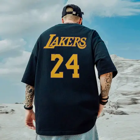 300g重磅美式24号球衣短袖t恤街头大码黑色圆领纯棉简约半袖男潮商品大图