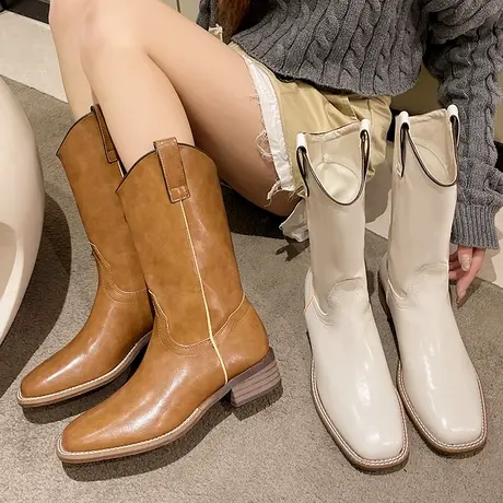 粗跟复古棕色V口瘦瘦牛仔靴女靴子2023年新款夏季中筒春秋骑士靴商品大图