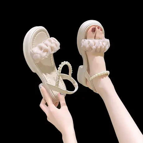 法式晚风凉鞋女夏季仙女风2023年新款绸缎珍珠配裙子厚底罗马鞋子商品大图
