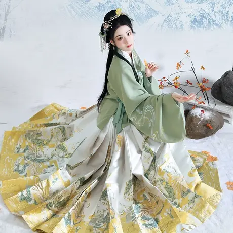 【如梦霓裳丨青龙】原创明制汉服女袄裙织金马面裙绣花披风情侣款图片