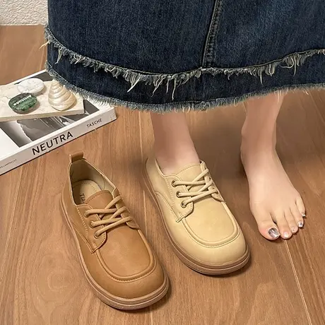 小皮鞋女2024年春季新款系带单鞋孕妇平底豆豆鞋软底百搭通勤鞋子商品大图