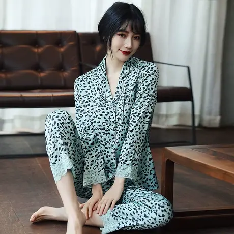 2023新款春秋睡衣女夏薄款冰丝绸长袖韩版ins风豹纹两件套家居服商品大图