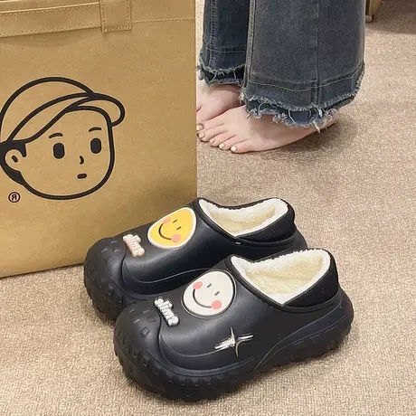 防滑厚底棉拖鞋女冬季可爱笑脸室内外穿增高防水保暖加绒包跟棉鞋商品大图