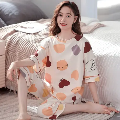 婷美睡衣女夏季纯棉短袖七分裤夏天简约休闲可外穿薄款家居服套装图片