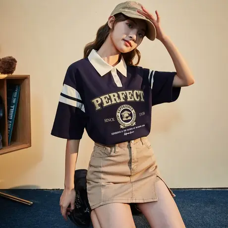 唐狮短袖polo衫女夏季美式复古设计感百搭基础小众打底t恤上衣潮商品大图