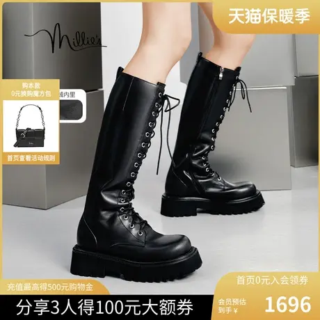 millies妙丽冬新款显瘦长筒增高骑士靴女加绒长靴老钱风2398BDG3图片