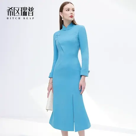 希区瑞普高级感现代改良旗袍2023新款女秋冬半高领中长款修身开叉商品大图