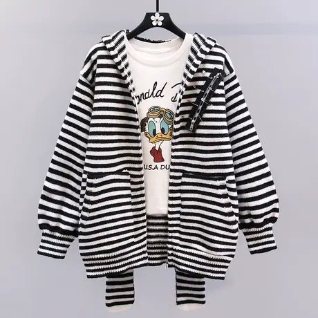 拉链设计感条纹连帽毛衣外套女秋冬2023新款韩系宽松休闲针织开衫商品大图