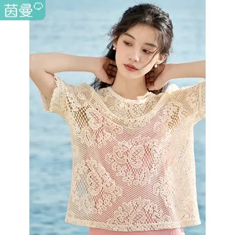 【商场同款】茵曼手工感编织镂空针织衫2023夏季女装新款短袖衬衣图片