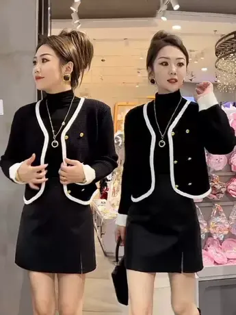 小香风黑色v领毛衣外套女秋季短款复古高级感气质双排扣针织开衫商品大图