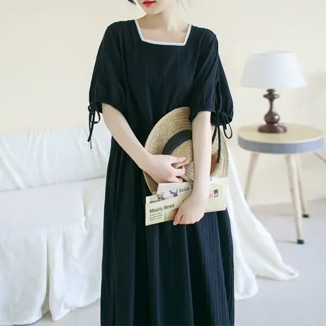 胖妹妹夏季2023新款复古气质方领花边连衣裙加大码收腰显瘦长裙商品大图