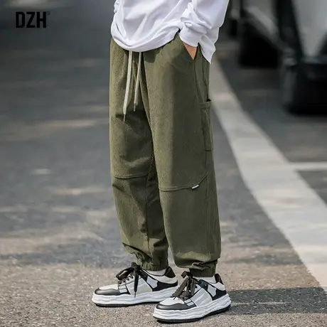 男士休闲裤灯芯绒男裤春夏高街军绿色裤子男宽松运动裤束脚裤潮牌商品大图