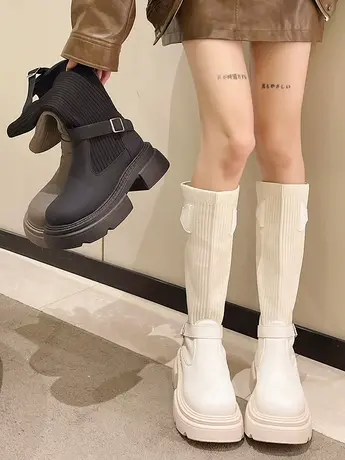 小个子厚底长筒靴女骑士靴2023秋冬新款百搭粗腿显瘦弹力针织长靴商品大图