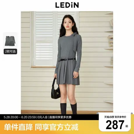 乐町蝴蝶结绑带连衣裙秋季新款格雷针梭拼学院风miu系灰色百褶裙商品大图