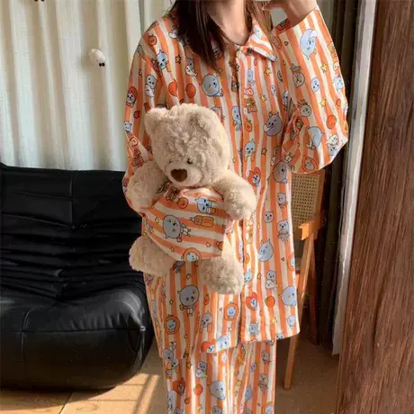 上新！酷儿全棉磨毛可爱小翻领睡衣2024年秋冬新款长袖长裤家居服商品大图