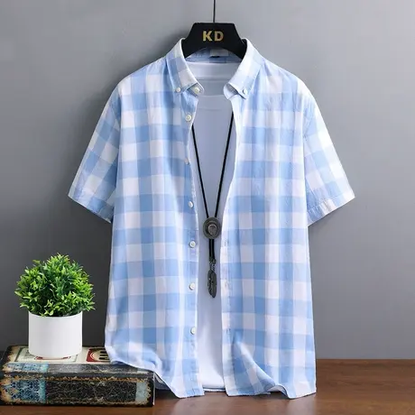 格子长袖衬衫男100%纯棉蓝色夏季外套青少年中学生全棉防晒衬衣服商品大图