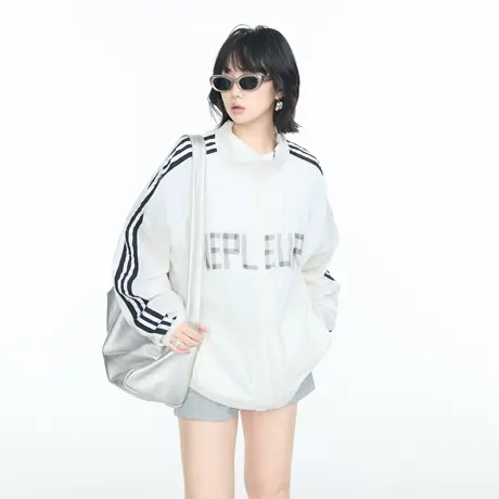 美式复古条纹立领防晒衣外套女夏季2025新款宽松户外薄款防晒服商品大图