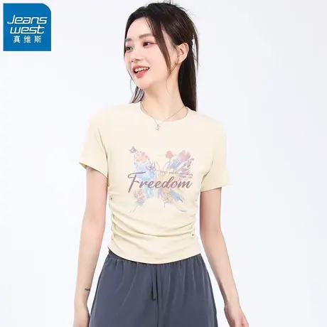 KHV真维斯正肩t恤女短袖夏季2025新款掐腰设计感收腰显瘦短款上衣商品大图