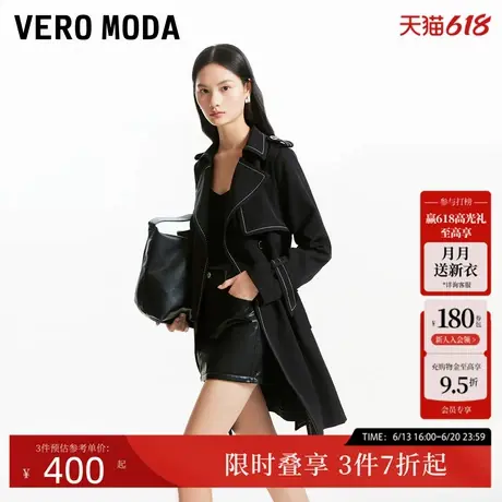 Vero Moda风衣春季明线装饰双排扣时尚休闲黑色收腰外套324121017商品大图