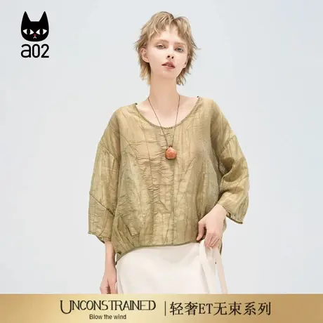 a02【ET自然系列】宽松小衫女2025新款夏季亚麻上衣圆领休闲衬衫商品大图