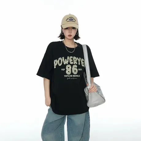 YEP2025夏季新款潮酷字母印花宽松短袖T恤女街头潮流半袖纯棉上衣商品大图