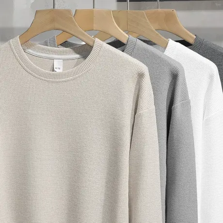 华夫格卫衣男潮ins春秋款潮流宽松百搭纯色无帽上衣服圆领长袖t恤商品大图