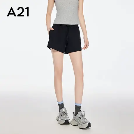 A21女装黑色宽松显瘦休闲裤2025夏季新款简约松紧腰系绳阔腿短裤商品大图