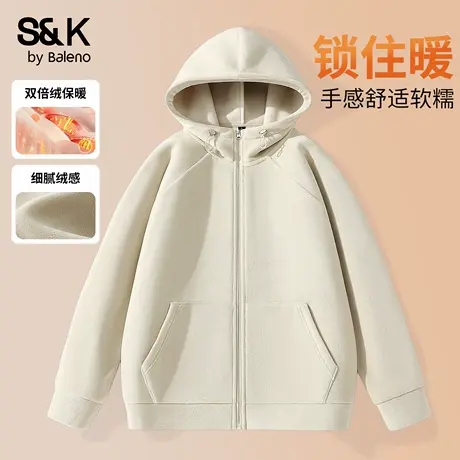 班尼路S&K系列双面绒外套男款秋冬加绒加厚杏色上装保暖连帽夹克图片