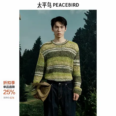 太平鸟男装 休闲毛衣时尚舒适毛衫复古圆领条纹毛衣时尚针织衫潮商品大图