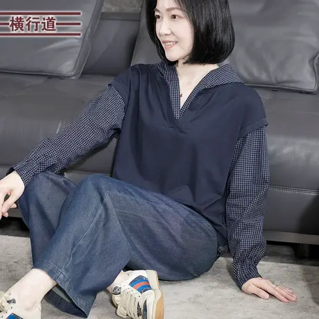休闲文艺格子拼接假两件打底衫宽松妈妈装上衣女士t恤连帽2025秋商品大图