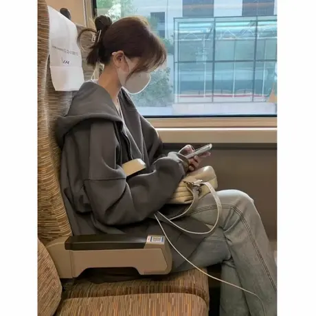 美式卫衣女2025新款早秋休闲风拉链开衫上衣韩系慵懒廓形连帽外套商品大图