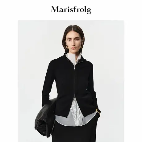 【羊绒混纺】Marisfrolg玛丝菲尔2025冬新款黑色气质连帽针织开衫商品大图
