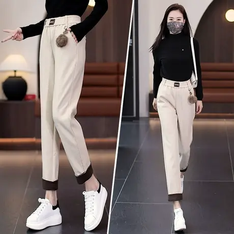 兔绒毛呢哈伦裤女加厚2023年冬季新款时尚撞色显瘦小脚直筒裤图片