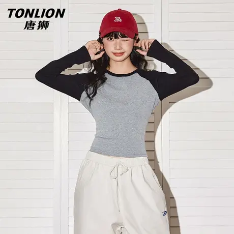 唐狮官方修身长袖t恤女2026新款春季显瘦打底衫小个子撞色上衣VC图片