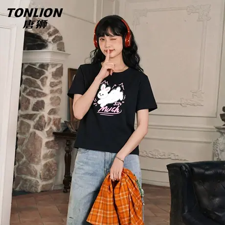 唐狮官方纯棉短袖t恤女2026新款春夏短款宽松半袖印花正肩上衣VC图片