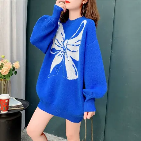 克莱因蓝蝴蝶结钉珠毛衣女冬季2021新款慵懒风外穿设计感针织上衣商品大图