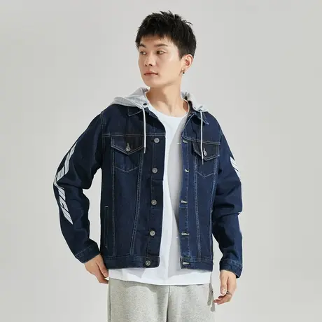 唐狮春秋新款男装牛仔外套净色袖子印花连帽外套夹克休闲潮流工装商品大图