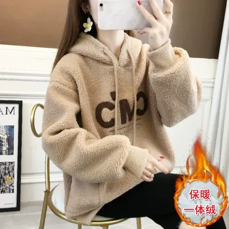 羊羔毛中长款半拉链加绒加厚连帽卫衣女秋冬2023新款爆款洋气外套图片