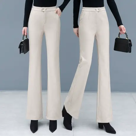 杏色毛呢微喇裤女2023秋冬新款高腰加厚休闲直筒小个子通勤喇叭裤商品大图