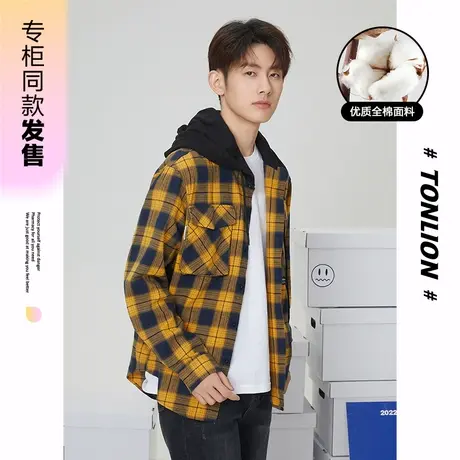 [商场同款]唐狮春秋季男衬衫外套黄格子连帽衬衫休闲百搭复古上图片