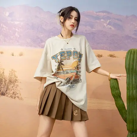 YEP美式复古短袖t恤女夏季质感大版宽松oversize潮牌流行半袖体恤图片