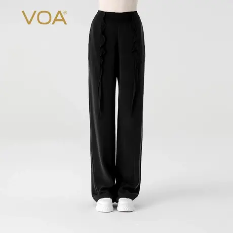 VOA30姆米重磅桑蚕丝黑色自然腰口袋工字褶撞料活页真丝直筒裤女图片