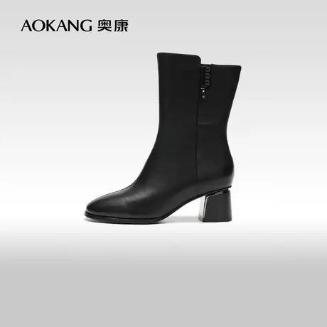 【门店发货】奥康女鞋 冬季新款真皮粗高跟中筒时装靴瘦瘦靴商品大图