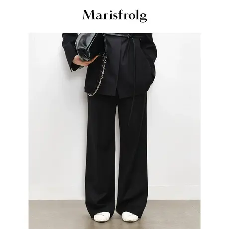 【松弛裤装】玛丝菲尔秋季黑色精致绵羊毛暗纹提花腰头休闲裤商品大图